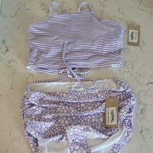 Albion Lilac Striped Top and Floral High Waisted Ruched Bottoms Xl (Set)